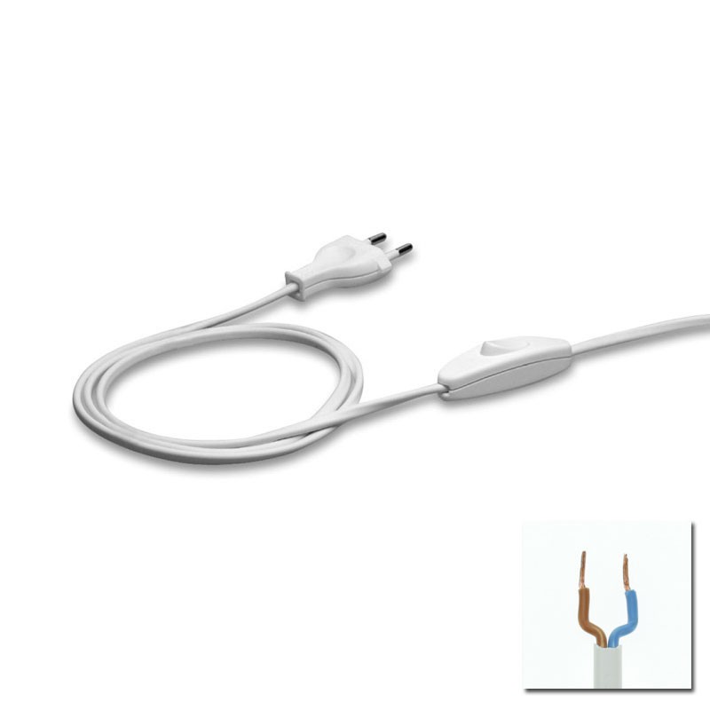 M105144020 Cordon alimentation 2x0,75 Blanc 2M 2P + interrupteur (1,20m+0,80m)